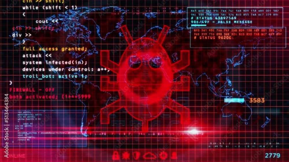 Cyberattack message on computer screens. Cyber attack, security breach and russian hacker abstract concept 3d loop animation with glitch effect. Seamless and loopable.