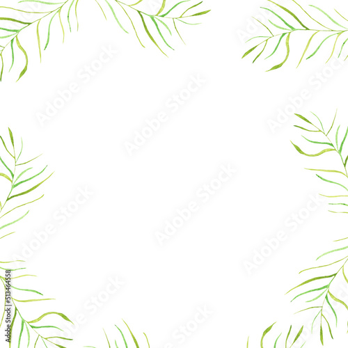 Watercolor floral frame card. Hand painted border with branches and leaves isolated on white background. Botanical frame design