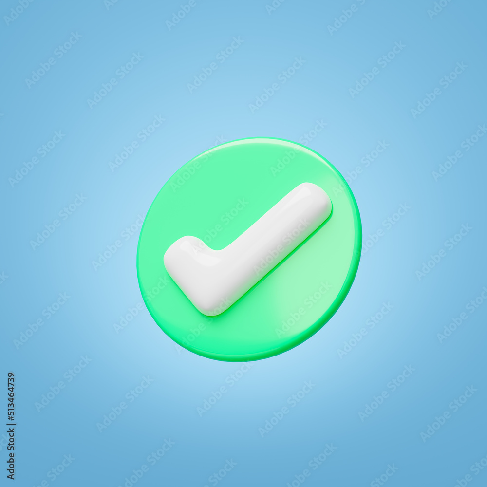 3D Realistic check mark button icon. Green circle with white tick floating on blue background. Symbol Right, ok, yes, accept and safe concept. Cartoon icon minimal style. 3d rendering Illustration. 3D Realistic check mark button icon. Green circle with white tick floating on blue background. Symbol Right, ok, yes, accept and safe concept. Cartoon icon minimal style. 3d rendering Illustration.