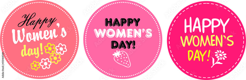 round stickers for March 8th. happy women's day.congratulations for girls. International Women's Day. a set of 3 elements. vector pastel colors. pink, dusty pink,dark pink tags round stickers for March 8th. happy women's day.congratulations for girls. International Women's Day. a set of 3 elements. vector pastel colors. pink, dusty pink,dark pink tags