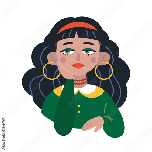 Thoughtful gypsy girl avatar, cartoon style. Trendy modern vector illustration isolated on white background, hand drawn