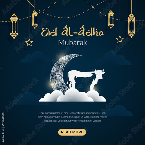 Happy Eid Al Adha Mubarak celebration banner with moon and cow goat paper cut effect on blue night color background. Eid Al Adha Mubarak Muslim celebration day