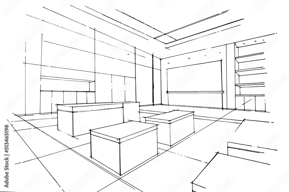 Fototapeta premium sketch drawing of the shop structure.,computer and gadget shop. ,Modern design,vector,2d illustration