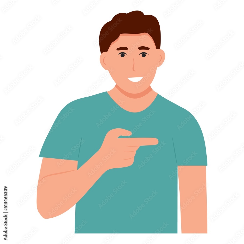 Boy presenting and points to something. Man shows a direction with a finger.Vector illustration Boy presenting and points to something. Man shows a direction with a finger.Vector illustration