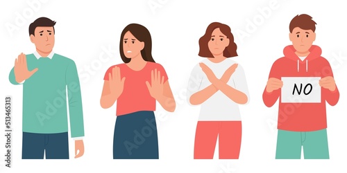 People expressing rejection.Finger language, non verbal communication.Men and women rejecting something with stop hand gesture.Vector illustration