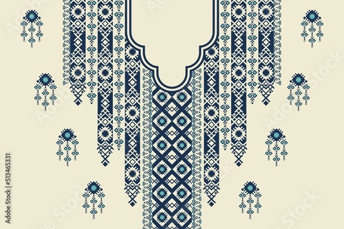 Vector blue color ethnic geometric shape neck embroidery pattern design on white cream background. Tribal art fashion for shirts.