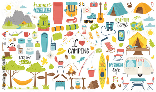 A collection of elements for camping, traveling, hiking, outdoor recreation, picnic. Graphic objects for scrapbooking, posters, banners, stickers, cards. Flat vector illustration isolated on white.