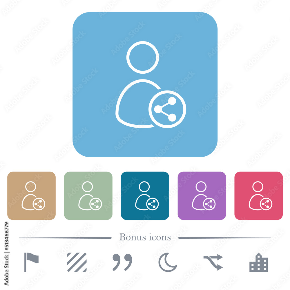 Share user data outline flat icons on color rounded square backgrounds