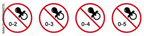 Toy Not Suitable for Kid Black Silhouette Icon Set. Forbid Pacifier Child Under Age Pictogram. Danger Kid Game Stop Symbol. No Allowed Baby Sign. Prohibited 2 3 4 5 Year. Isolated Vector Illustration