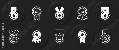 Set of White Silhouette and Line Medals with Ribbon and Stars. Rewards for Sport Champion on Black Background. Round Outline Award Collection for Winner of Competition. Isolated Vector Illustration
