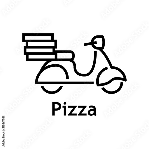 Logo reparto de comida a domicilio. Vector con silueta de scooter con cajas de pizza con líneas. Color negro