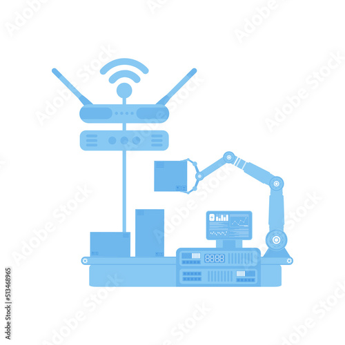 Automatic conveyor line with robotic arm. The concept of the Internet of things and automation. Isolated. Vector.