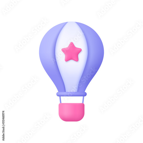 Hot air balloon aerostat with star. Aircraft, summer vacation, adventure, travelling, tourism concept. 3d vector icon. Cartoon minimal style.