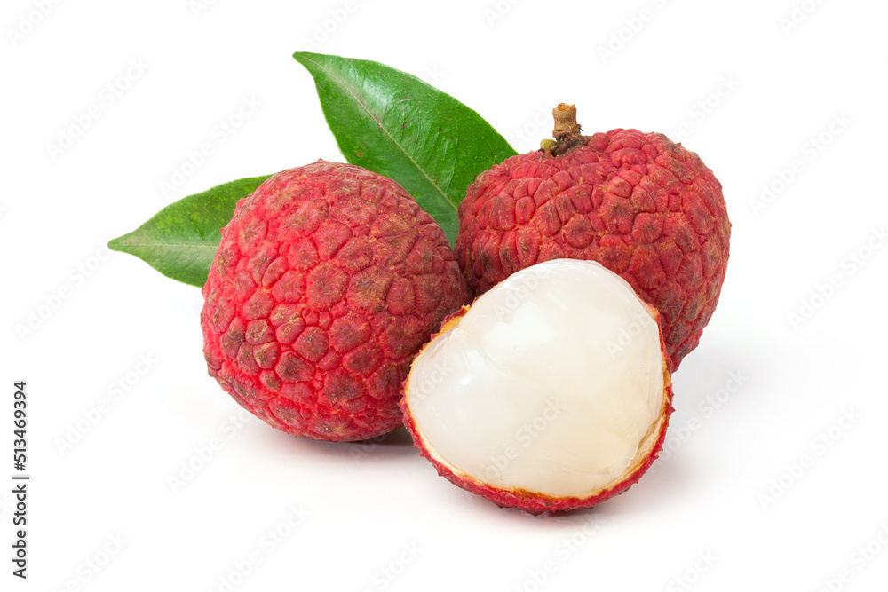 fresh lychee fruit with green leaves on white background. fresh lychee fruit with green leaves on white background.