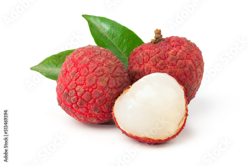 fresh lychee fruit with green leaves on white background.