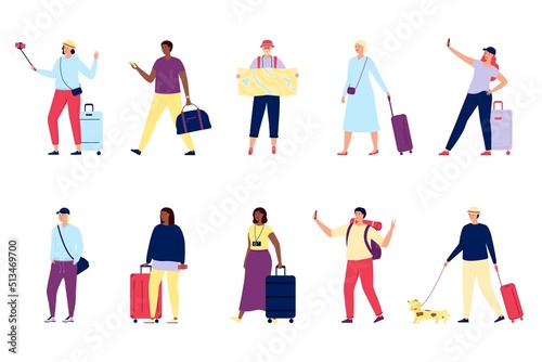 Travel people. Travelling person with backpack and suitcase. Tourism amd vacation, happy woman and man going trip and doing selfie utter vector set