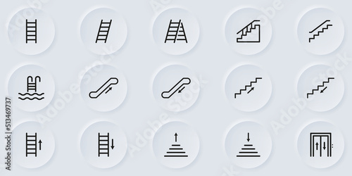 Set of Staircases Line Icon. Climb Up or Go Down on Steps. Stairs Linear Pictogram. Ladder, Elevator, Stairway, Escalator, Pool Stair Outline Icon. Isolated Vector Illustration