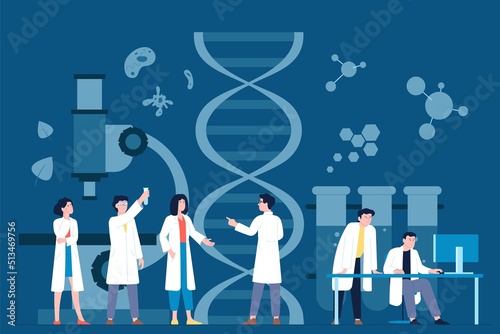 Dna research lab. Laboratory medicine, information biological and engineering. Medical science students, biotechnology work. Chemical and genetic recent vector scene