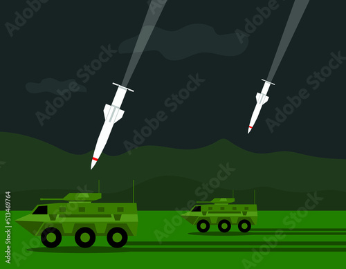 rocket or bomb falls on apc vehicles in the field, armoured personnel carrier, military vehicle, battle taxi, vector illustration  photo