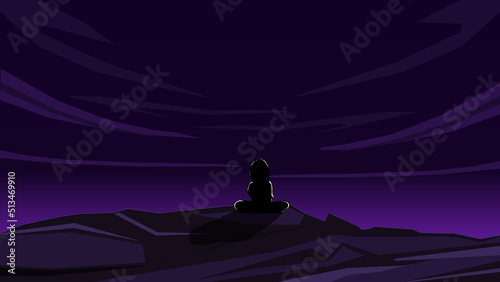 Silhouette of child sitting looking at the night sky. Vector illustration