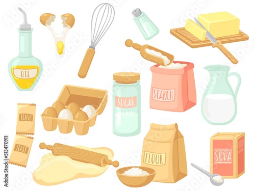 Cartoon food baking. Milk and salt, bake ingredients and tools. Fresh egg and powder, sugar for pastry. Isolated kitchen equipment, oil and butter neat vector set