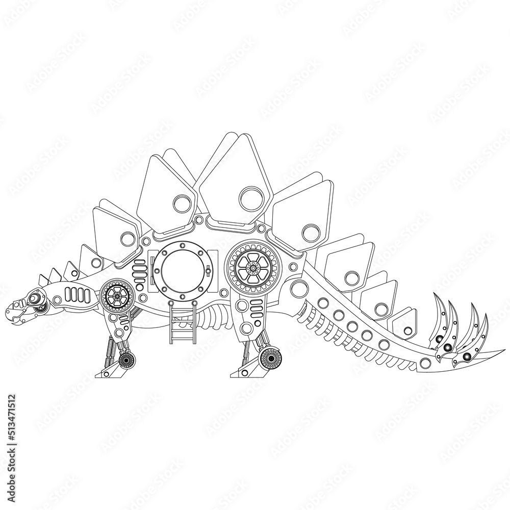 Steampunk stegosaurus dinosaur robot coloring book. Vector illustration ...