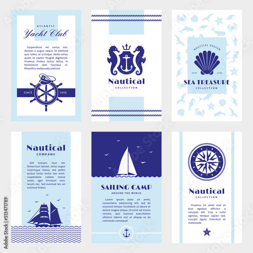 Nautical brochures. Menu, cruise or wedding brochure design. Marine style covers, abstract retro yacht tourism ad flyer. Sea navy tidy vector postcards