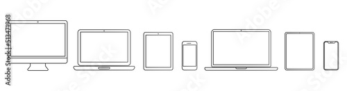 Set of Devices. Outline Style. Stock Vector Illustration