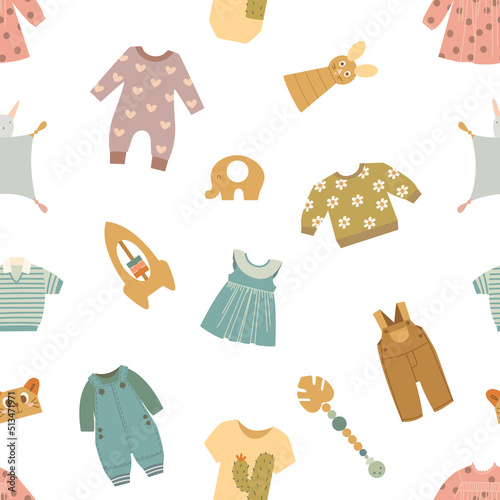 Baby clothes seamless pattern. Newborn cozy clothing print, cartoon doodle flat kids background. Scandinavian style classy vector infant texture