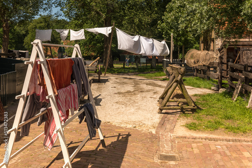 Enkhuizen, Netherlands. June 2022. Drying laundry on a laundry rack. photo