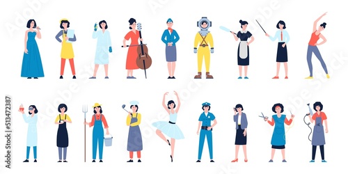 Female professionals characters. Various occupations, professional management women. Workers group, female in different uniforms recent vector set