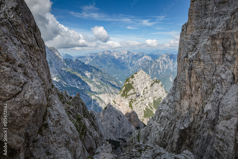 Beautiful nature. Mountain hiking Trail Road. Italy Malga Montasio Forca Disteis