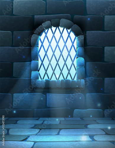 Vector backound Old castle walls with window and moon light glow with sparkles.