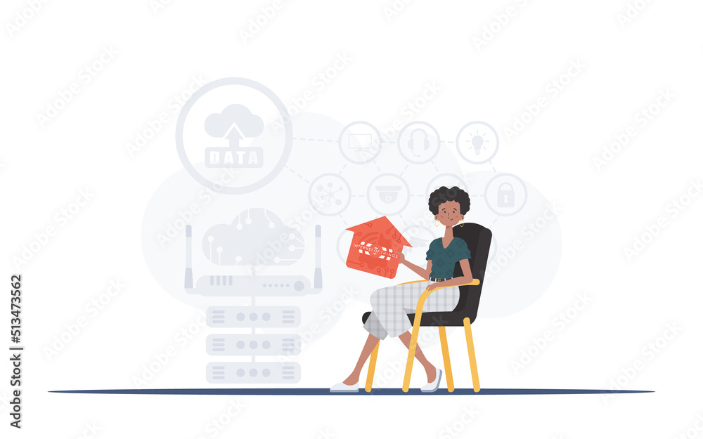 Internet of things and automation concept. The girl sits in a chair and holds an icon of a house in her hands. Good for websites and presentations. Vector illustration in trendy flat style. Internet of things and automation concept. The girl sits in a chair and holds an icon of a house in her hands. Good for websites and presentations. Vector illustration in trendy flat style.