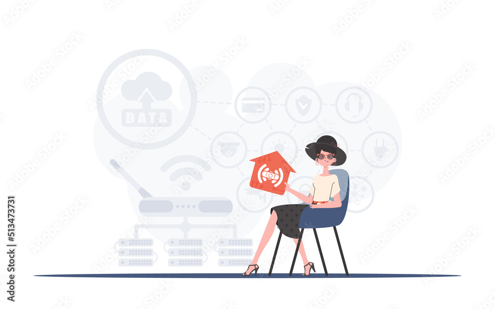 IoT concept. The girl sits in a chair and holds an icon of a house in her hands. Good for websites and presentations. Vector illustration in trendy flat style.