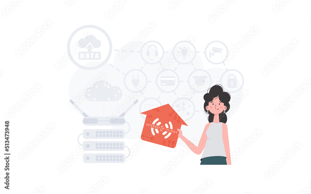 The woman is depicted waist-deep, holding an icon of a house in her hands. Internet of things concept. Good for presentations and websites. Vector illustration in trendy flat style. The woman is depicted waist-deep, holding an icon of a house in her hands. Internet of things concept. Good for presentations and websites. Vector illustration in trendy flat style.