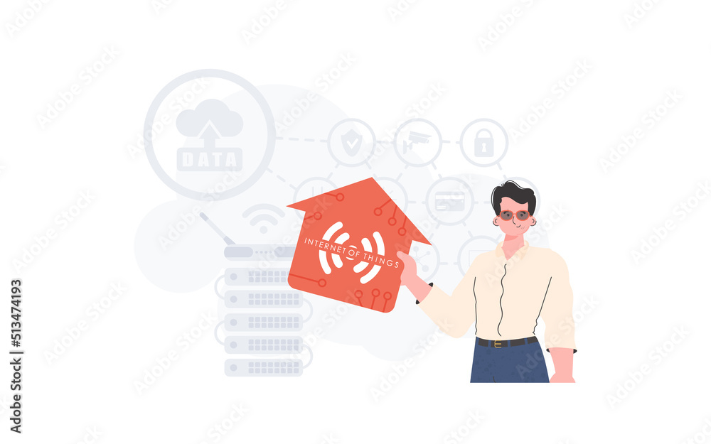 The man is depicted waist-deep, holding an icon of a house in his hands. Internet of things concept. Good for presentations. Vector illustration in flat style. The man is depicted waist-deep, holding an icon of a house in his hands. Internet of things concept. Good for presentations. Vector illustration in flat style.