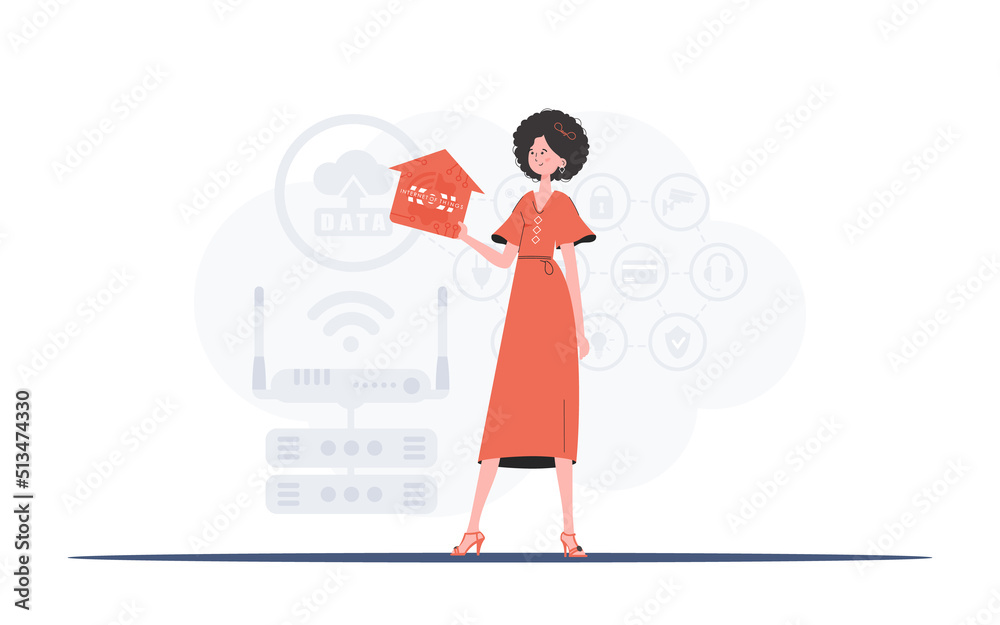 Internet of things concept. The woman is depicted in full growth, holding an icon of a house in her hands. Good for presentations. Vector illustration in flat style. Internet of things concept. The woman is depicted in full growth, holding an icon of a house in her hands. Good for presentations. Vector illustration in flat style.