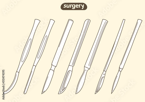 Set, sketch outline of a scalpel, knife silhouette. Surgical, dental, medical instrument