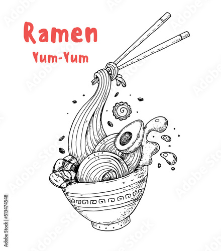 Bowl noodles and chopsticks sketch. Ramen logo. Asian food. Chinese, Korean, Japanese cuisine. Logo template. Hand drawn vector illustration.