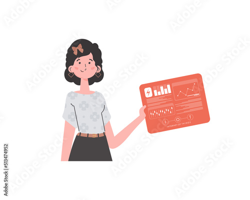 A woman holds a panel with analyzers and indicators in her hands. IoT concept. Isolated. Vector illustration in flat style.
