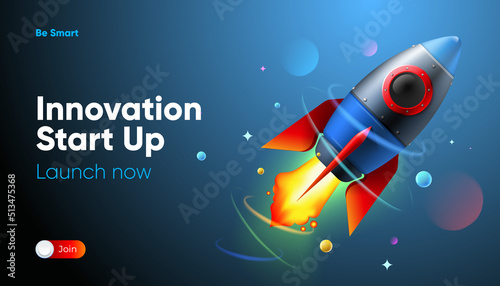 Innovation and Start up concept. Rocket takes off, on a blue background. Business Start up launching product, web template, landing page