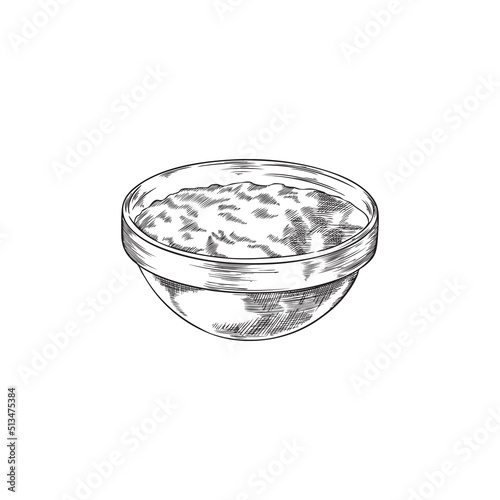 Hand drawn sauce in small bowl, sketch vector illustration isolated on white background.