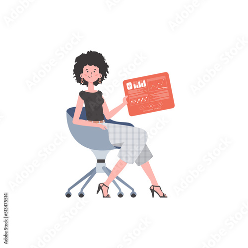 A woman sits in a chair and holds a panel with analyzers and indicators in her hands. Internet of things and automation concept. Isolated. Vector illustration in flat style.