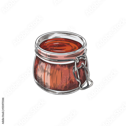 Open mason jar with tomato or BBQ sauce, sketch vector illustration isolated on white background.