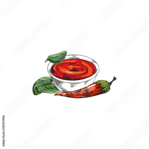 Hand drawn hot chili sauce in small bowl, sketch vector illustration isolated on white background.