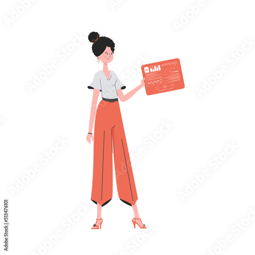 A woman holds a panel with analyzers and indicators in her hands. Internet of things and automation concept. Isolated. Vector illustration in flat style.
