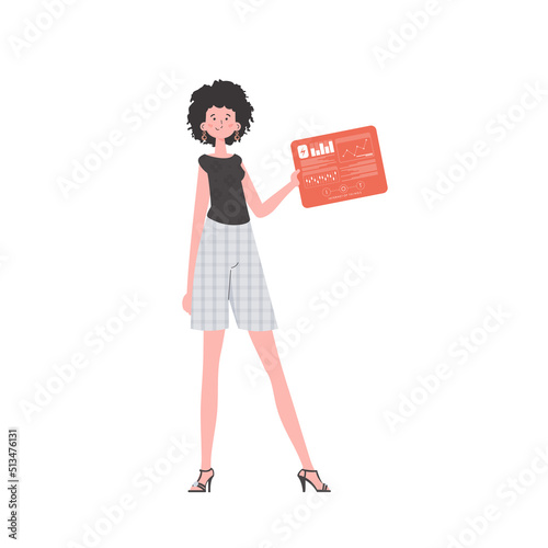 A woman holds a panel with analyzers and indicators in her hands. Internet of things and automation concept. Isolated. Trendy flat style. Vector.