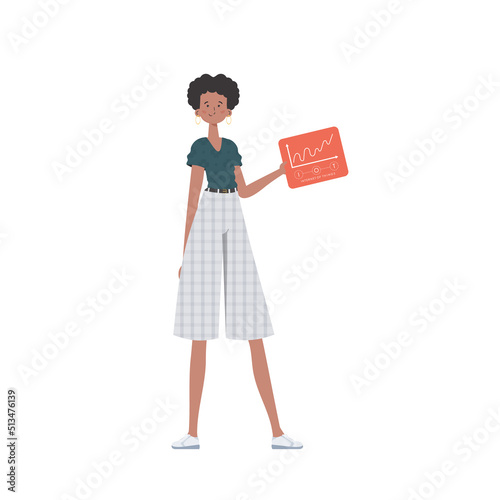 A woman holds a panel with analyzers and indicators in her hands. Internet of things and automation concept. Isolated. Vector illustration.