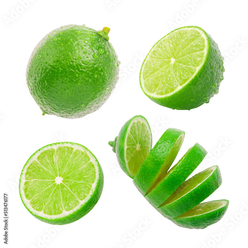 Fresh green lime has water drop with half slice collection isolated on white background.